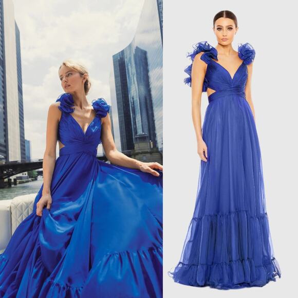 Mac Duggal 67911 Ruffle Tiered Cut Out Chiffon Gown Dress Cobalt Blue Size 0 NWT - Picture 2 of 12